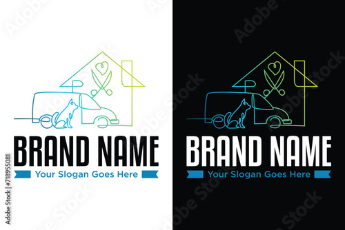 Dog grooming linear car home care illustration vector logo design