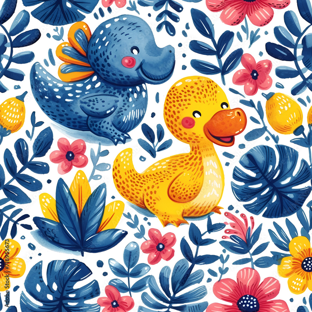 Vector Seamless Pattern Featuring duck and Flowers in a Cartoon Style, Perfect for Baby Decor or Summer Wallpaper with a Vintage Touch