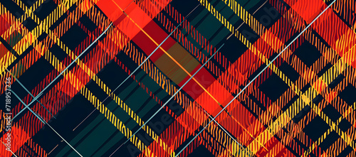 A modern take on a classic tartan pattern with bold red and yellow lines intersecting against a dark teal background, suitable for various creative projects photo