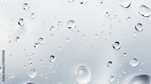 Closeup of water drops sliding on light wet surface. White background. Generative AI