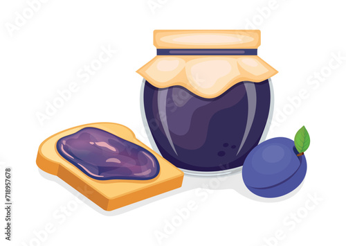 Toasted bread with plum jam vector illustration. Toast and plum jam breakfast still life vector. Jam jar with plums and slice of bread icon isolated on a white background