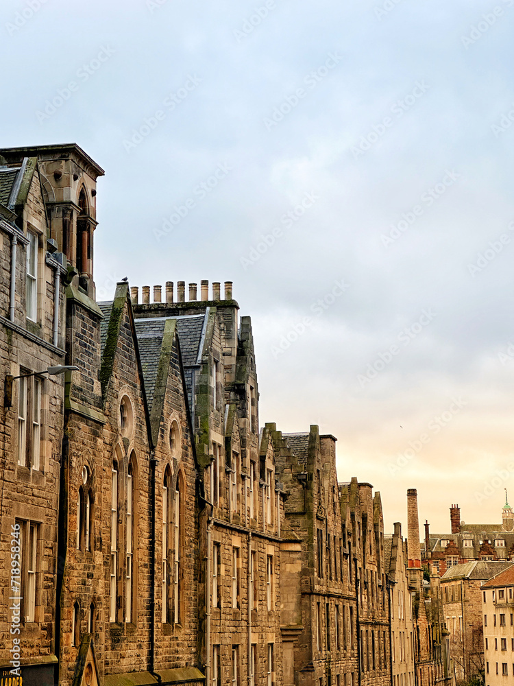 Historical houses along High Street in the old town of Edinburgh