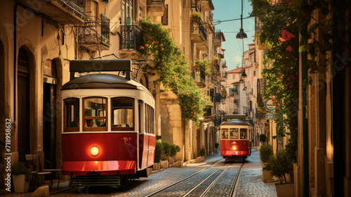 Old vintage trams in the village street created with Generative AI technology