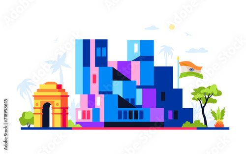Urban area in India - modern colored vector illustration with crowded houses, high building density per square meter, Gateway in New Delhi, national flag and landmarks. Historical heritage idea