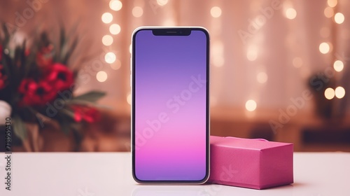 Mockup of a blank phone screen in purple tones on a blurred background