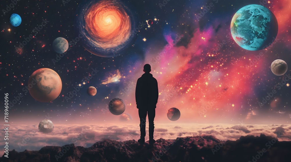 abstraction silhouette of a man against the background of space and planets, the concept of self-development abstraction silhouette of a man against the background of space and planets, the concept of self-development