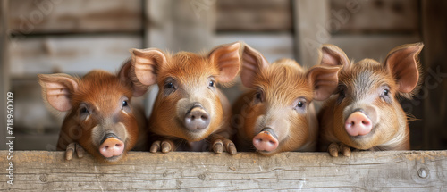 Adorable Quartet of Juvenile Pigs Peek Over Wooden Fence Capturing Hearts with Their Innocent Gaze