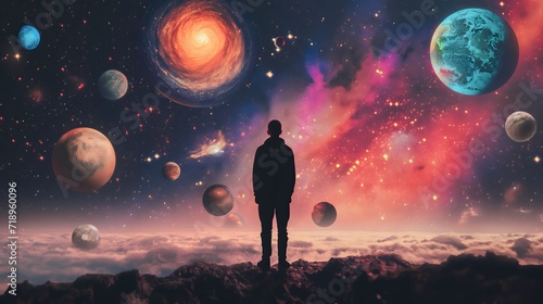 abstraction silhouette of a man against the background of space and planets, the concept of self-development