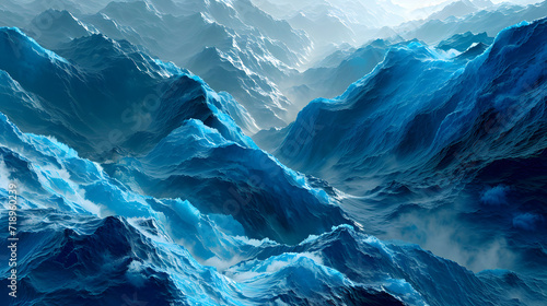 Digital painting of abstract ocean waves with a dynamic blend of blue colors creating a serene, yet powerful sea landscape