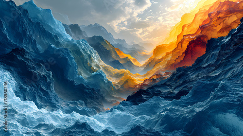 Vibrant and colorful abstract artwork depicting a mountainous landscape resembling waves under a dynamic and expressive sky photo