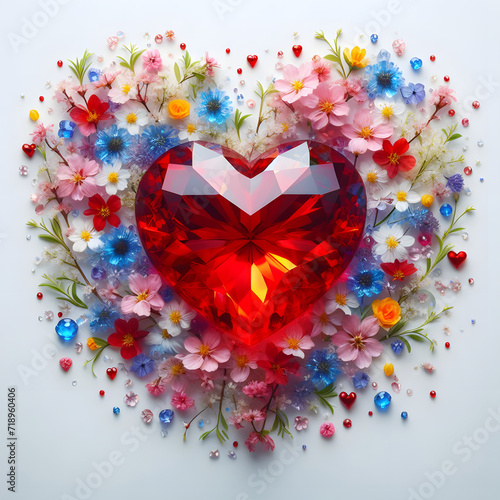 Color crystal heart with flowers. AI generated illustration