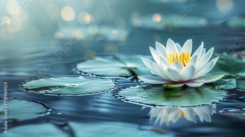 Dark blue water surface with a spectacular lotus with leaves that has been praised, space, Generative AI. © Grandpas