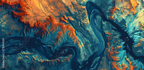 Dynamic abstract aerial shot capturing the textures and contrasting hues of a river canyon landscape, Topological map photo