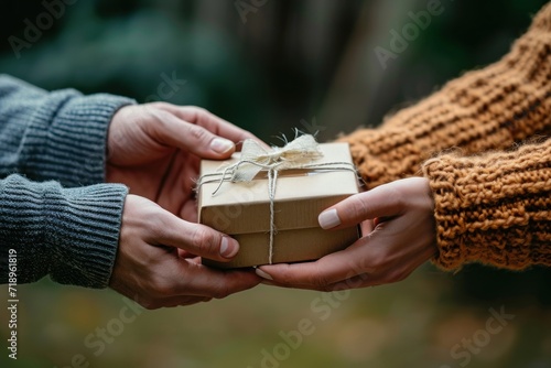 A close-up image captures the tender exchange between a young couple as they give and receive a gift box from each other.