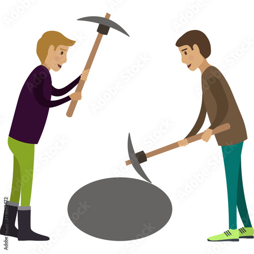 Group of archeologists excavating bones fossils with pickaxe vector icon isolated on white