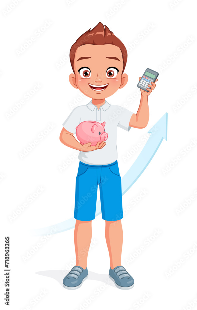 Little school boy with piggy bank and calculator. Smart kid saving money for future. Isolated vector illustration. Little school boy with piggy bank and calculator. Smart kid saving money for future. Isolated vector illustration.