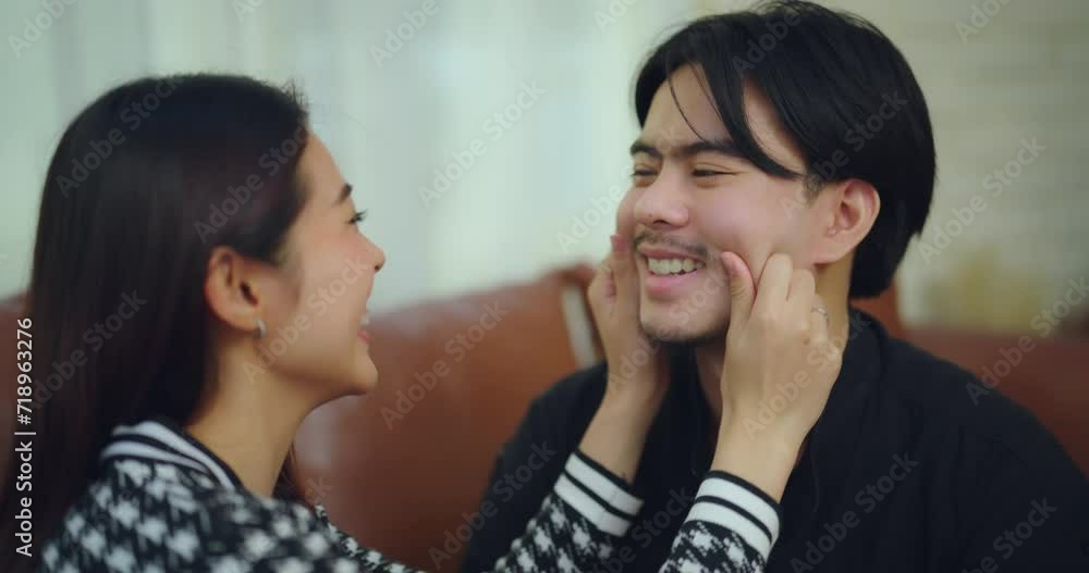 Happiness moment, Young asian couple with happy expression in bedroom at home. They enjoying together with this moment. Happiness moment, Young asian couple with happy expression in bedroom at home. They enjoying together with this moment.
