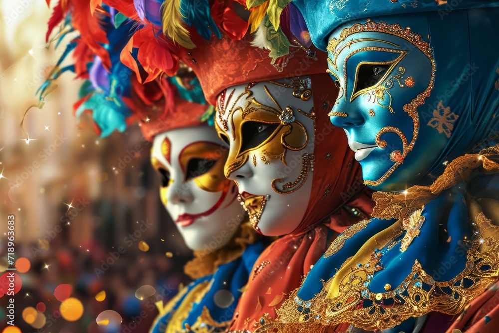 Three elaborate Venetian masks side by side, their feathers and jewels sparkling amidst the carnival's lights