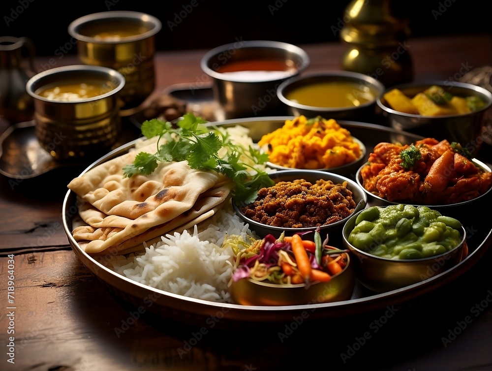 Indian cuisine thali on a table with different Indian foods