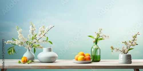Spring-themed product displays on an empty table.