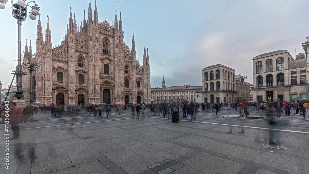 Panorama showing Milan Cathedral and Vittorio Emanuele gallery timelapse.