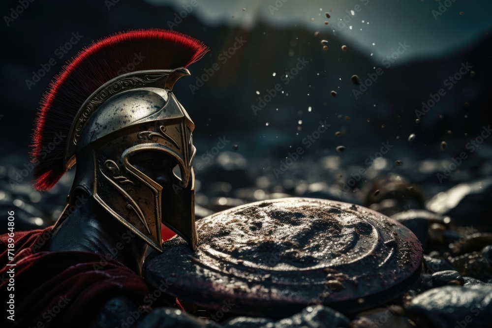 Spartan, a solitary warrior in minimalist armor, radiating discipline and strength. Embody essence of ancient Greek valor unyielding resilience. Austere training battlefield prowess, essence spirit. - obrazy, fototapety, plakaty 