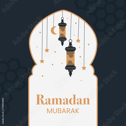 Ramadan Mubarak greeting card template. The card is excellent for social media posts, cards, brochures, flyers, and advertising poster templates. It is a vector illustration.	
 photo