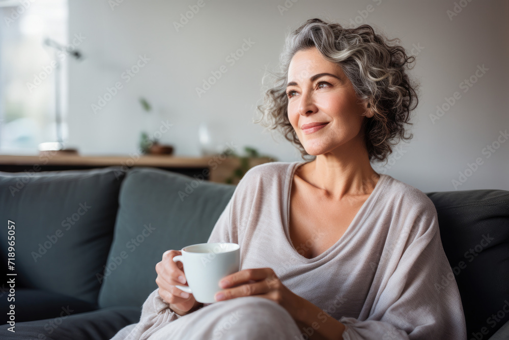 Satisfied middle aged woman drinking coffee relaxing on sofa at home. Smiling female enjoying resting sitting on couch in cozy living room. Portrait of relaxed female resting at home. Satisfied middle aged woman drinking coffee relaxing on sofa at home. Smiling female enjoying resting sitting on couch in cozy living room. Portrait of relaxed female resting at home.