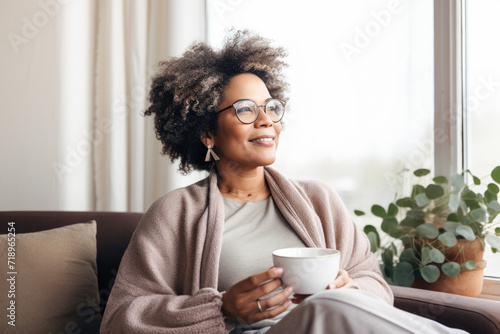 Satisfied middle aged woman drinking coffee relaxing on sofa at home. Smiling female enjoying resting sitting on couch in cozy living room. Portrait of relaxed female resting at home.  photo