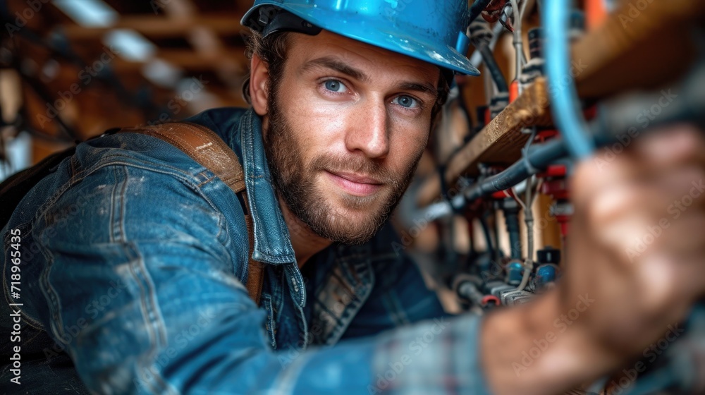 Skilled Electrician at Work: Installing Electrical Wiring Amidst Exposed Beams and Conduits in a New Construction Building Skilled Electrician at Work: Installing Electrical Wiring Amidst Exposed Beams and Conduits in a New Construction Building