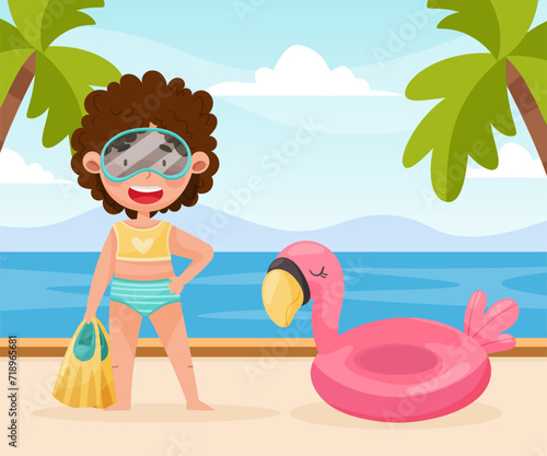 Happy Girl Character at Sea with Rubber Ring Enjoy Beach Vacation Vector Illustration