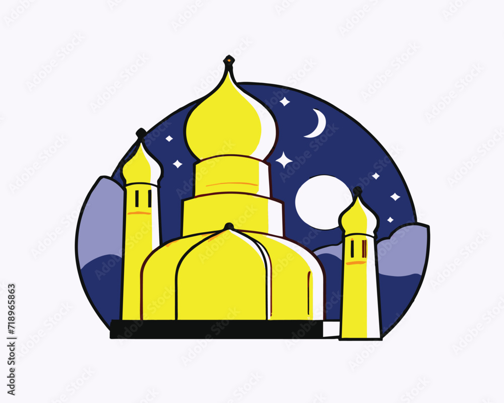 Cartoon yellow mosque with moon and stars in sky drawn for Islamic celebrations, cultural events, greeting cards, and educational resources.