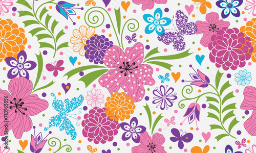 Vector seamless colorful floral valentines pattern with hearts and butterflies in doodle style on a white background