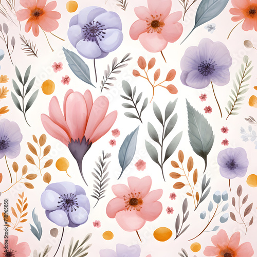 Floral watercolor pattern with colorful flowers in herbarium style. Hand painting image, print in pastel colors isolated on white background