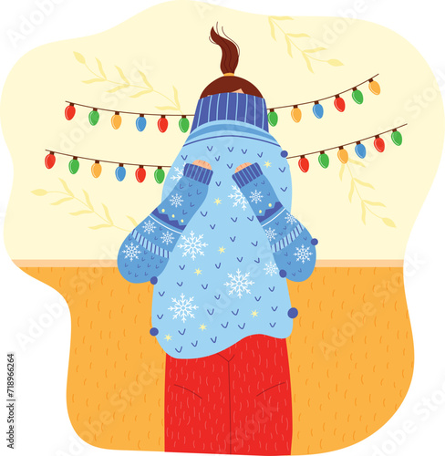 Young woman enjoying festive season outdoor, standing with back turned, wearing cozy blue sweater and beanie. Winter holiday spirit as girl admires Christmas lights decoration, feeling joyous.