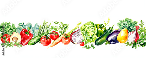 Watercolor vegetable border featuring fresh greens  bell peppers  tomatoes  onions  and avocados perfect for culinary and health-themed designs