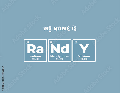 Vector inscription name RANDY composed of individual elements of the periodic table. Text: My name is. Blue background