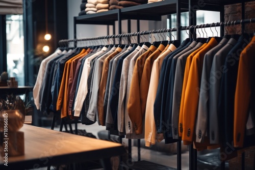 A fashionable clothing store featuring a diverse collection of suit jackets.