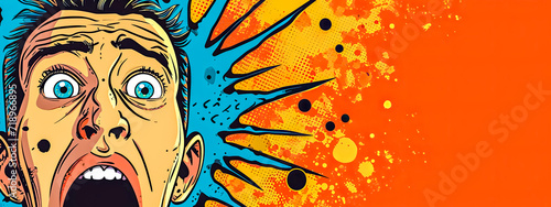 pop art style, character in a state of shock with exaggerated facial expressions, against a vibrant background with abstract shapes and splatters, illustrating a dramatic and dynamic comic scene.