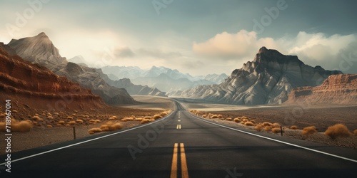 An empty road stretches through a scenic landscape with mountains, offering a journey into nature. photo