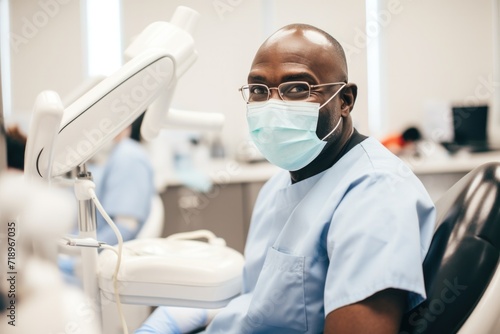 A black dentist in a clinic, wearing a mask, providing professional dental care.