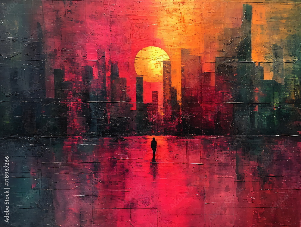 Person near the silhouettes of the buildings during sunset. Modern abstract style. Oil painting. Art design concept. Background for banner, flyer, advertising, poster