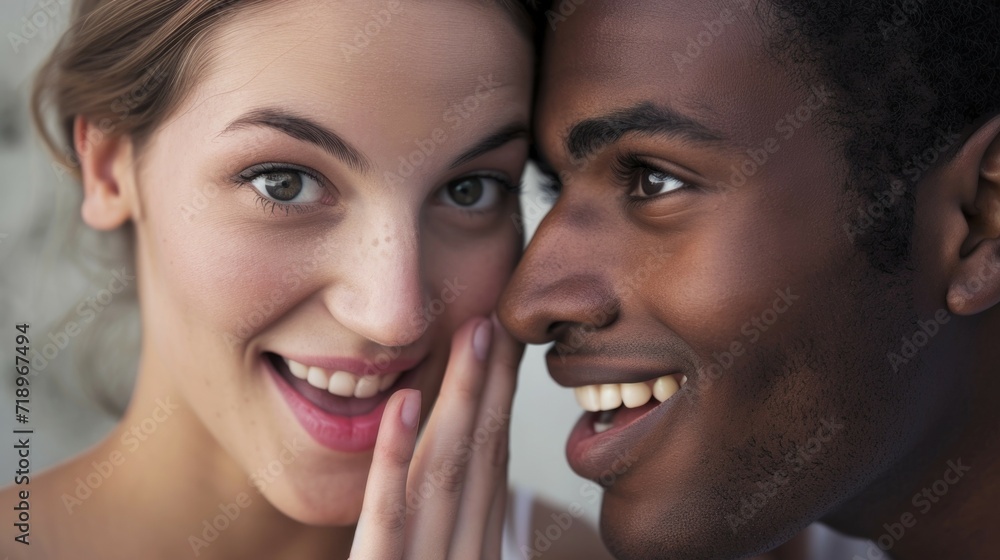 Young multiracial diverce couple closeup photo and a hand on a mouth Young multiracial diverce couple closeup photo and a hand on a mouth