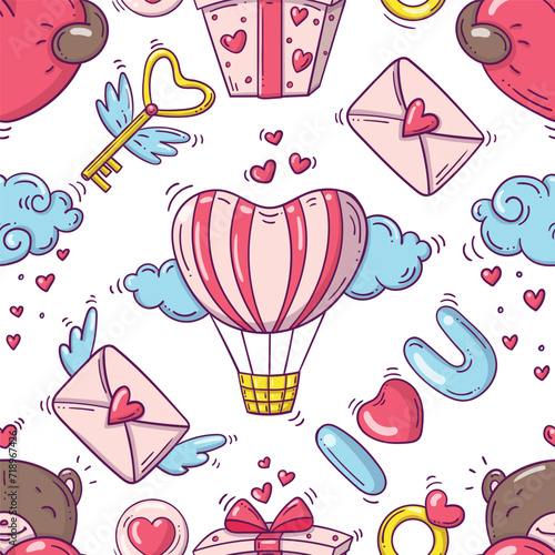 Bright seamless pattern with valentines day and love objects in doodle style on white background