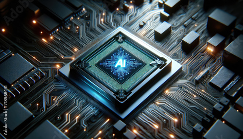 Close-up of an AI processor chip with glowing neon lights on a detailed circuit board, emphasizing sophisticated technology.