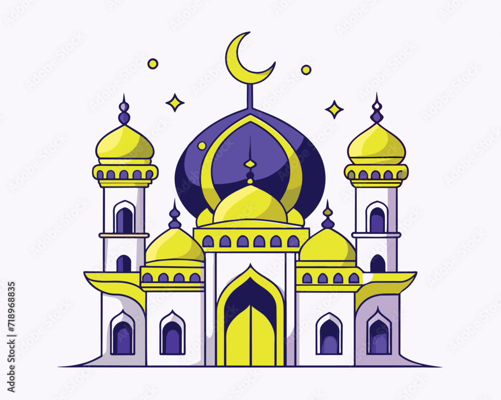 Cartoon mosque with yellow dome, ideal for religious and cultural designs. Suitable for educational materials, presentations, and travel brochures.