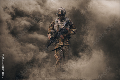 Special force walking between smoke and gas in battlefield at war	