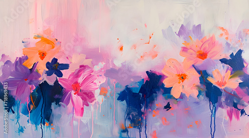 Vibrant flowers and expressive brushstrokes in stunning abstract artwork, featuring a blend of pink, white, and blue tones against a soft, pastel background - ideal for modern decor photo