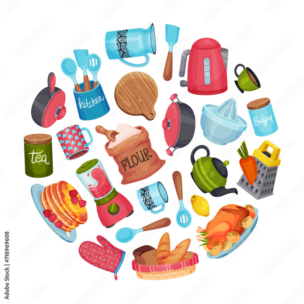 Cooking Class and Kitchen Utensil Round Composition Design Vector Template