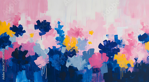 A dreamy, abstract floral painting with soft pastel hues of pink and blue creating an impressionistic meadow of flowers, wall art decor
